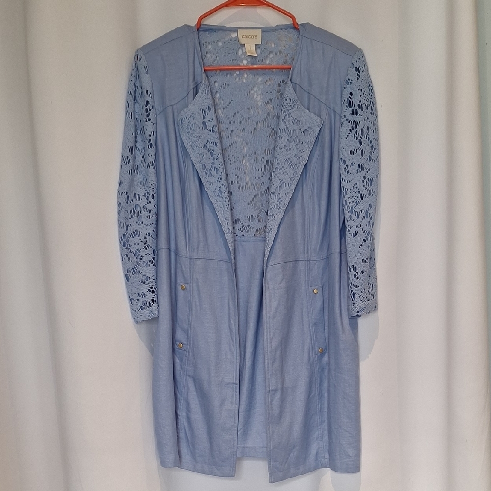 Chico's Light Blue Lace Linen Blend Long Line Waterfall Jacket Chicos Size 1